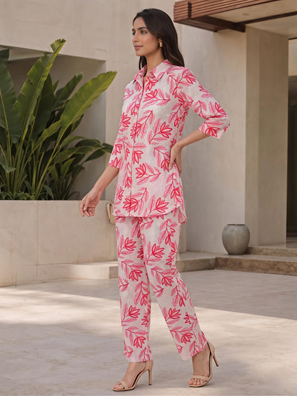 White Red Printed Kurta Pant Rayon Floral Co-ord Set
