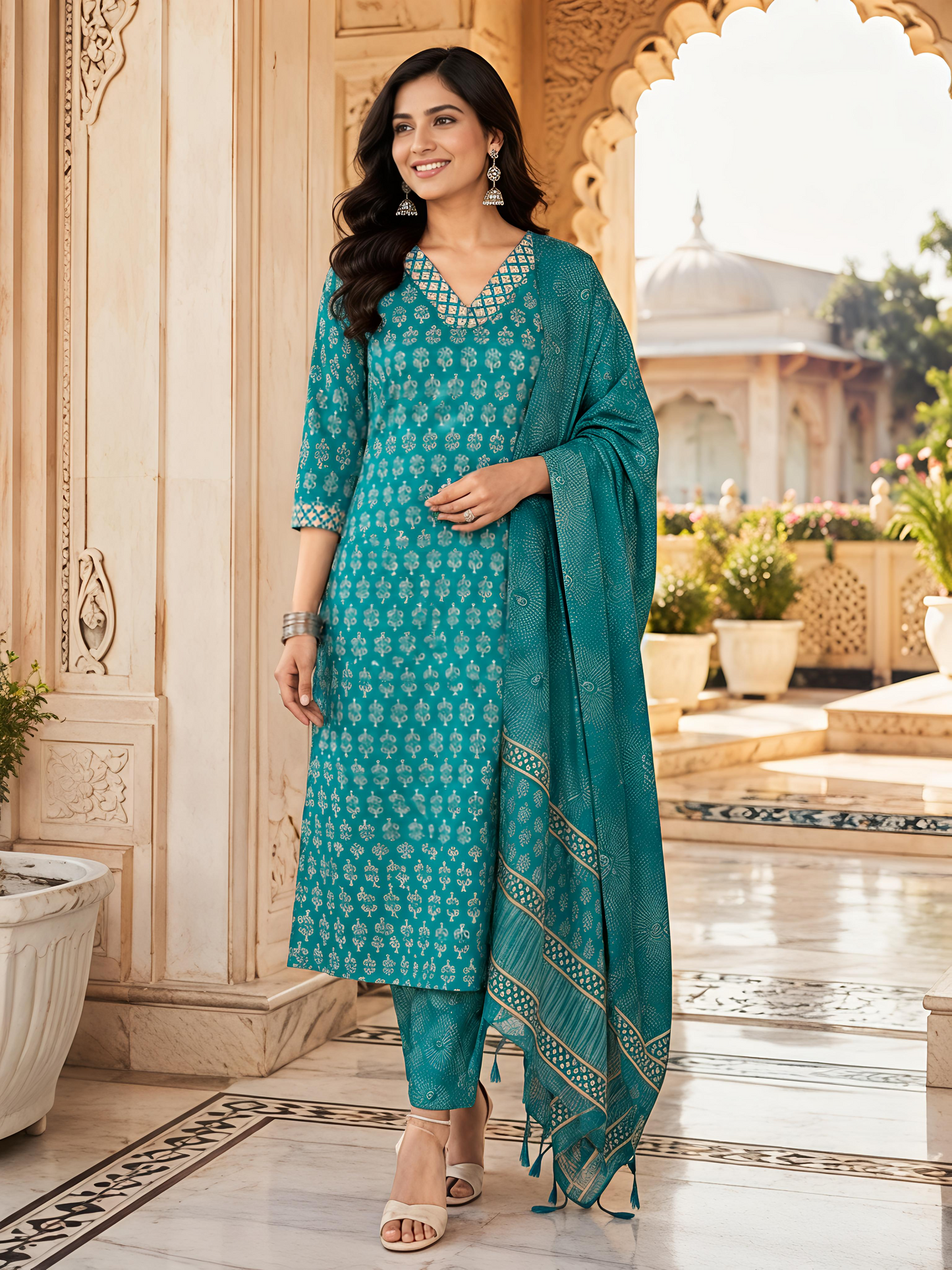 Green Printed Women Kurta Set V-Neck Three Quarter Sleeve