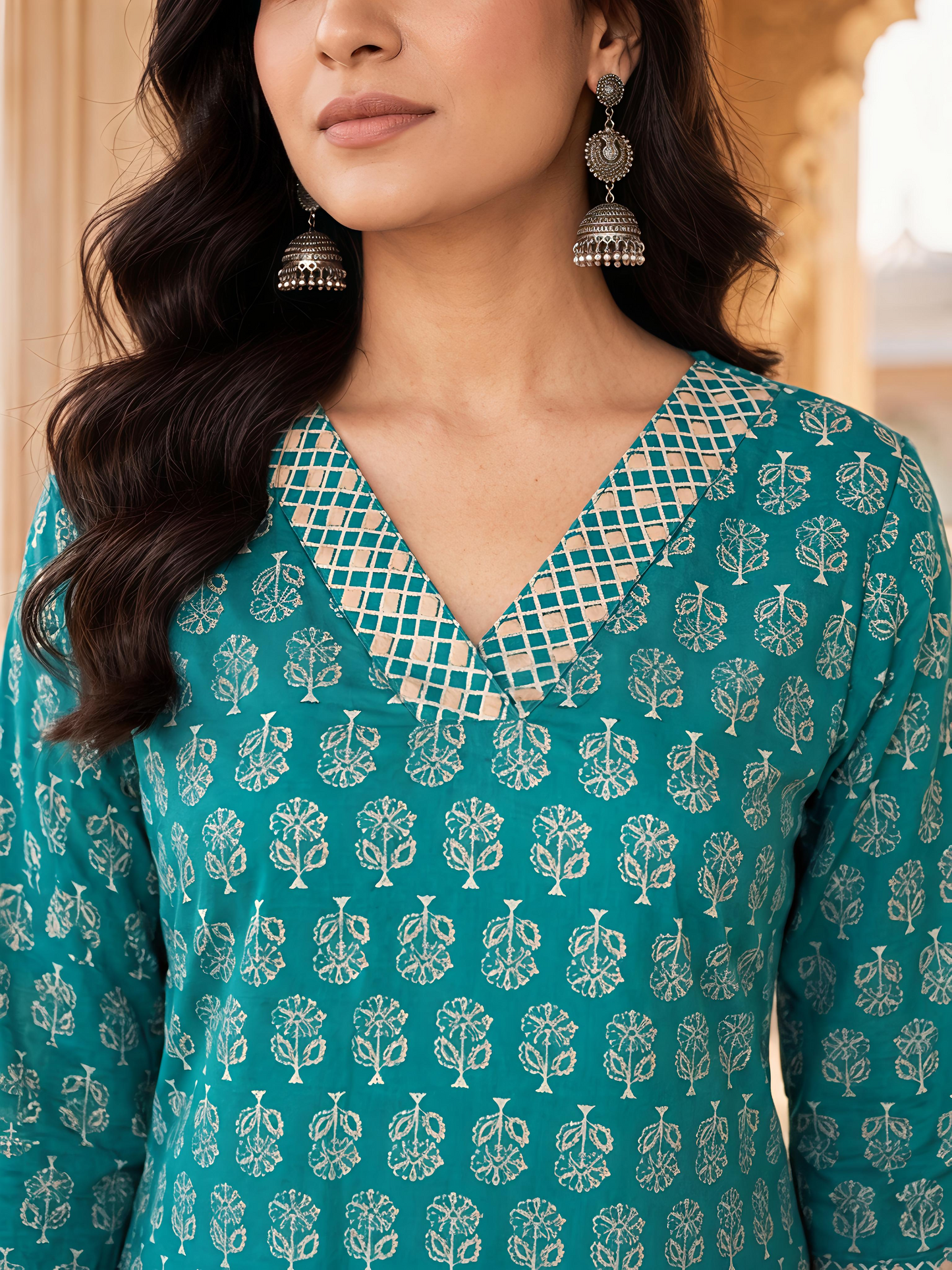 Green Printed Women Kurta Set V-Neck Three Quarter Sleeve