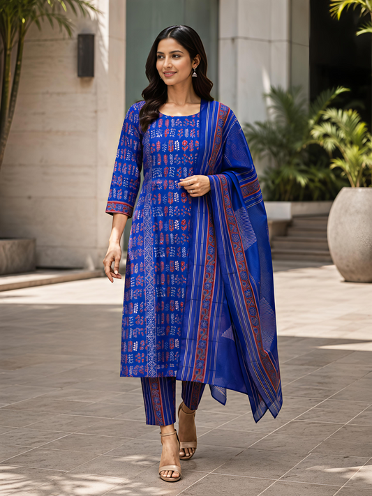 Blue Printed Women Kurta Set Round Neck Three Quarter Sleeve