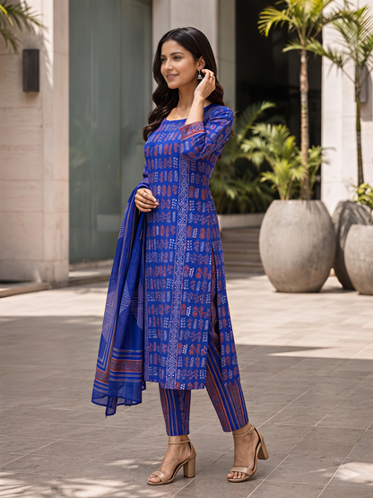 Blue Printed Women Kurta Set Round Neck Three Quarter Sleeve