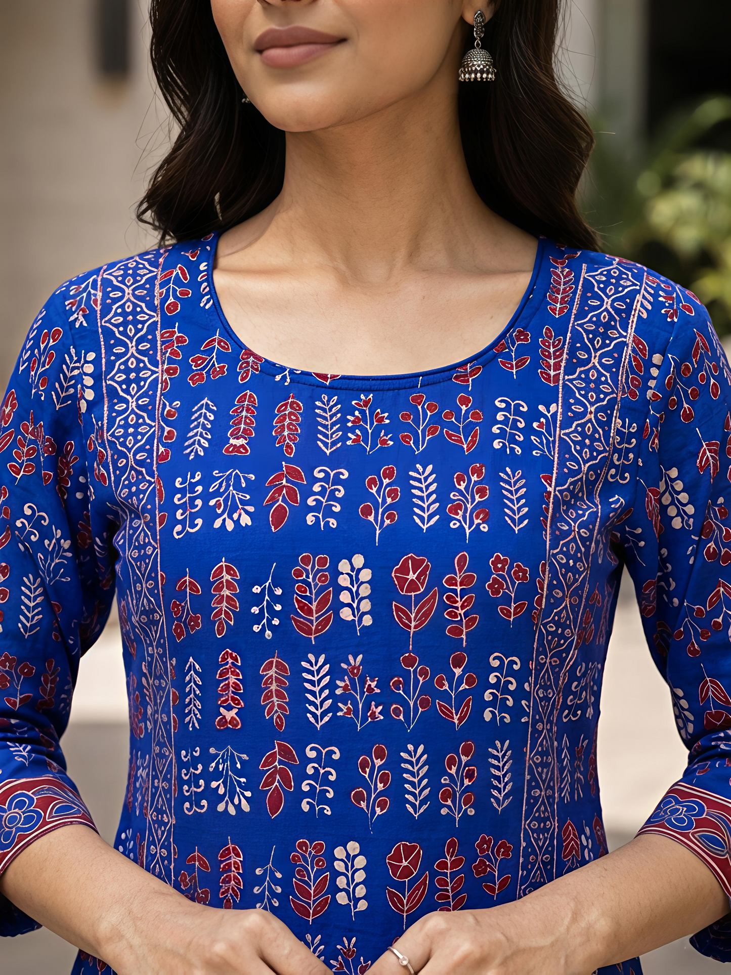 Blue Printed Women Kurta Set Round Neck Three Quarter Sleeve