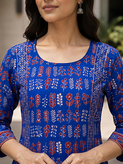 Blue Printed Women Kurta Set Round Neck Three Quarter Sleeve