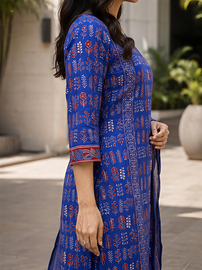 Blue Printed Women Kurta Set Round Neck Three Quarter Sleeve