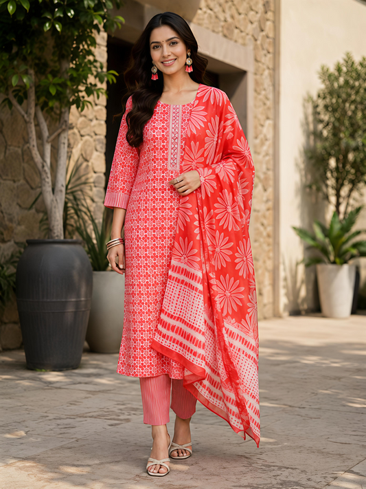 Women Orange Printed Kurta Set Round Neck Three Quarter Sleeve
