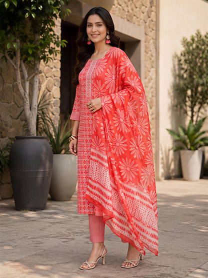 Women Orange Printed Kurta Set Round Neck Three Quarter Sleeve