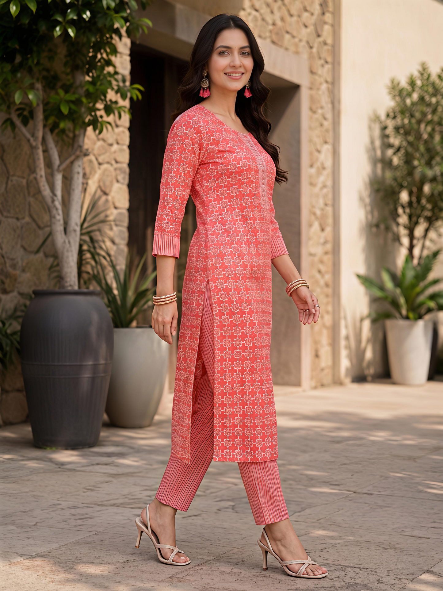 Women Orange Printed Kurta Set Round Neck Three Quarter Sleeve