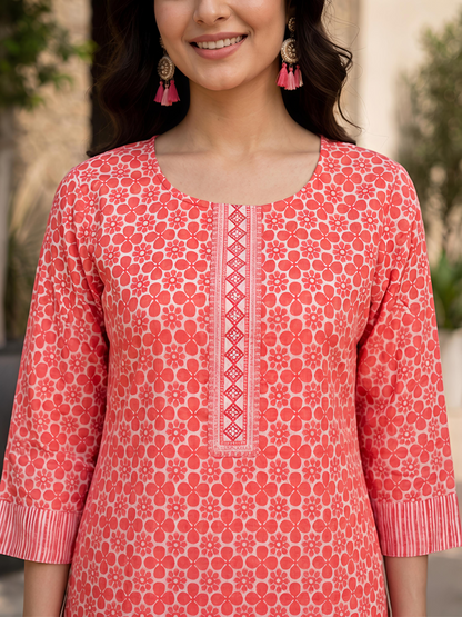 Women Orange Printed Kurta Set Round Neck Three Quarter Sleeve