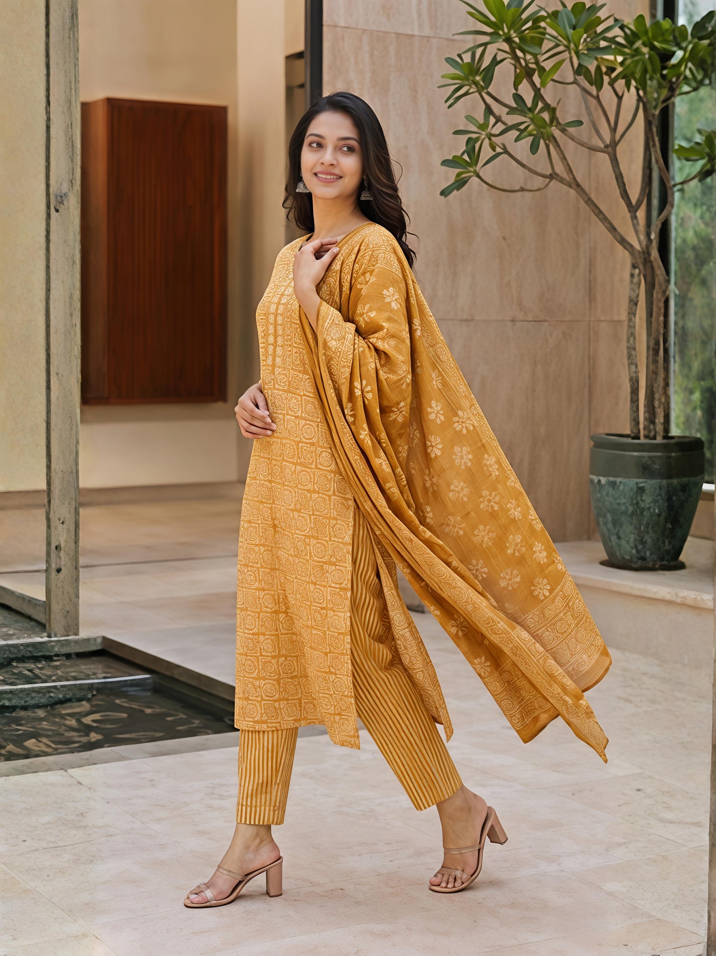 Women Yellow Printed Kurta Set Round Neck Festive Style Soft