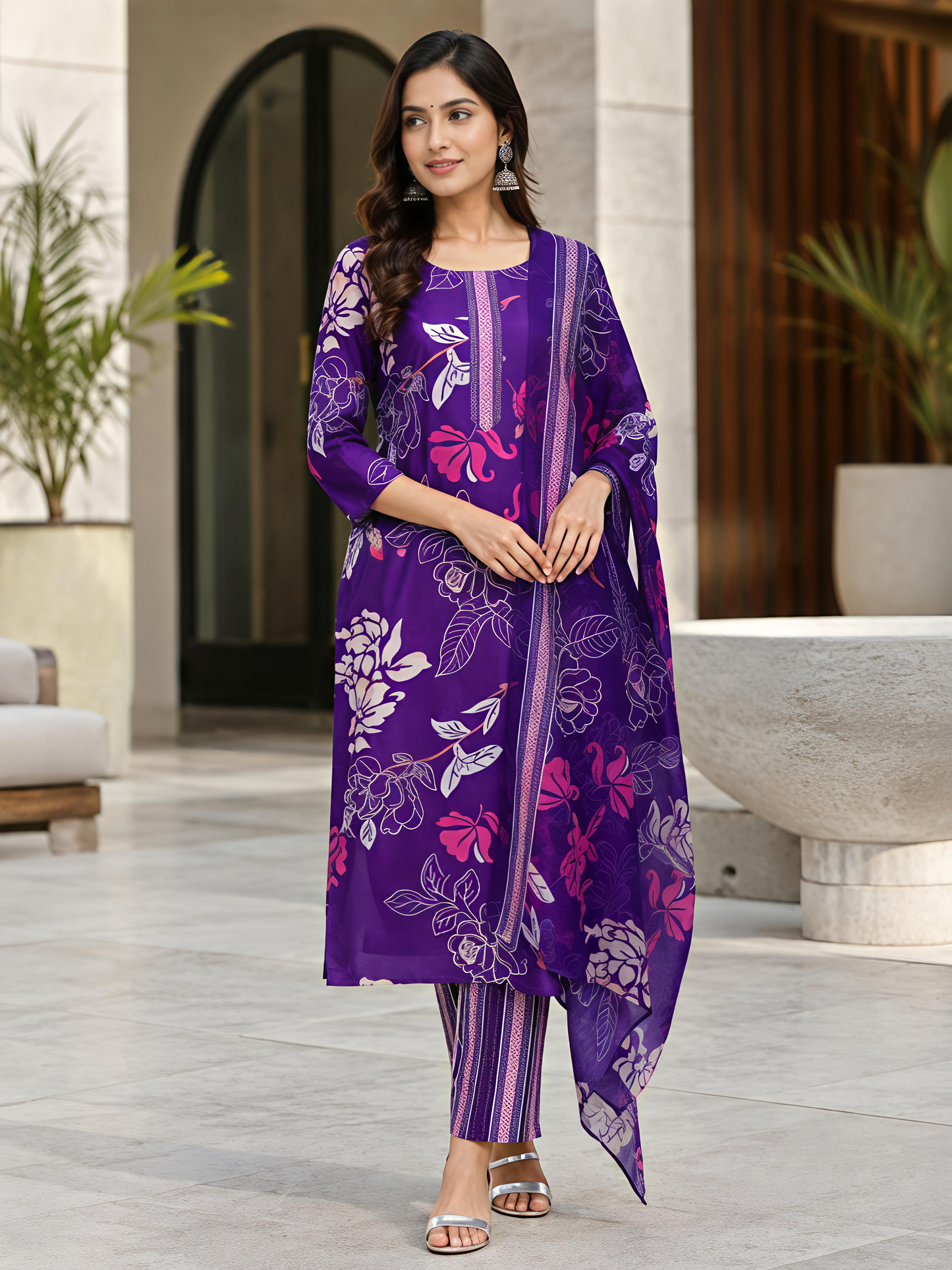 Women Purple Printed Kurta Set Round Neck Festive Style Soft