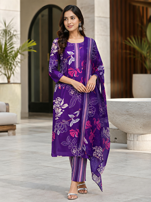Women Purple Printed Kurta Set Round Neck Festive Style Soft