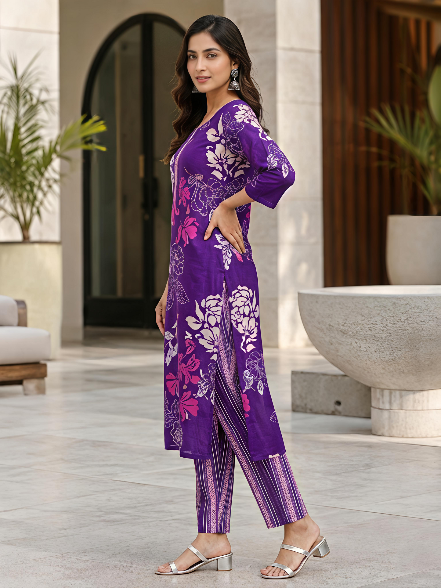Women Purple Printed Kurta Set Round Neck Festive Style Soft