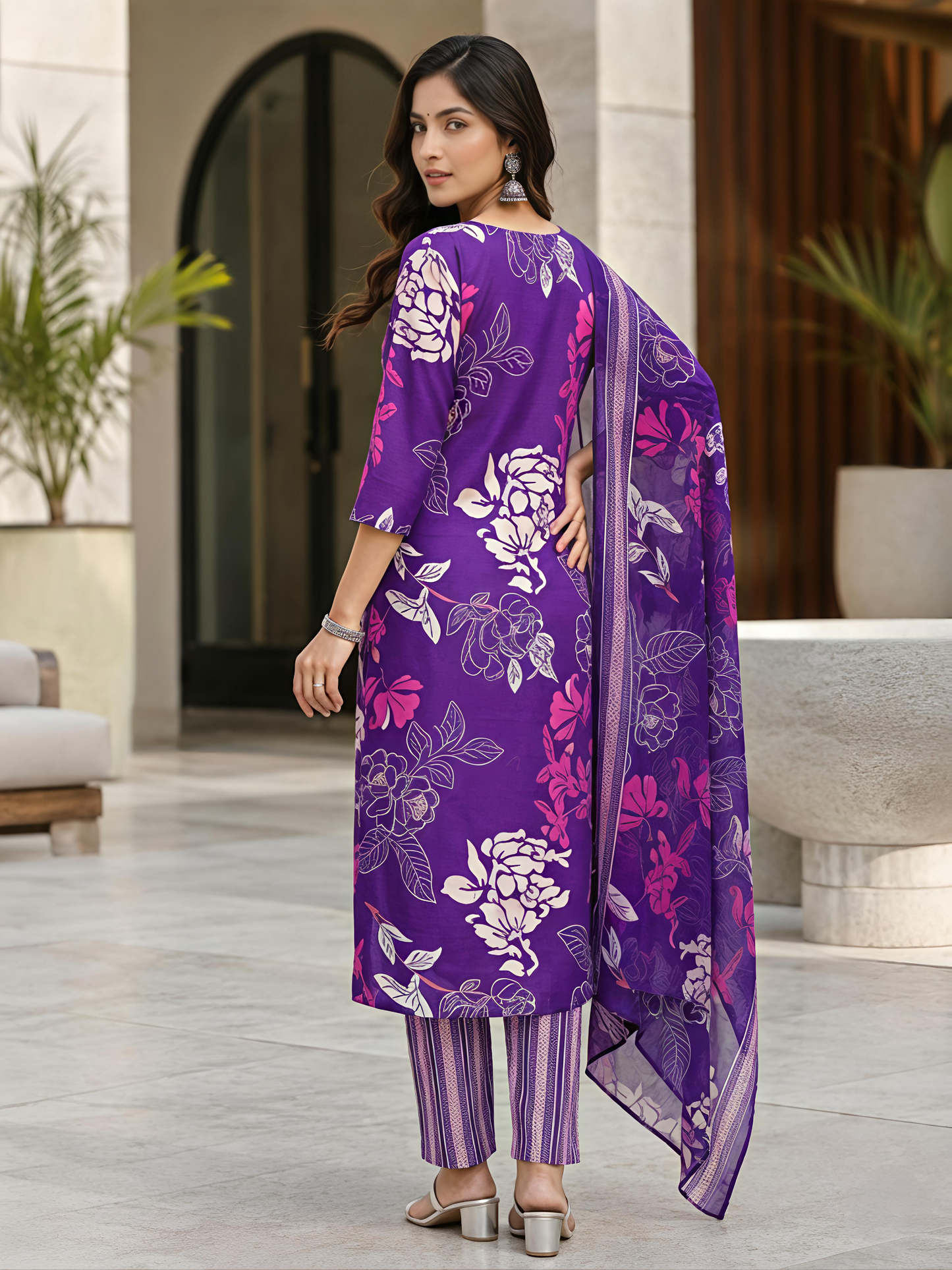Women Purple Printed Kurta Set Round Neck Festive Style Soft