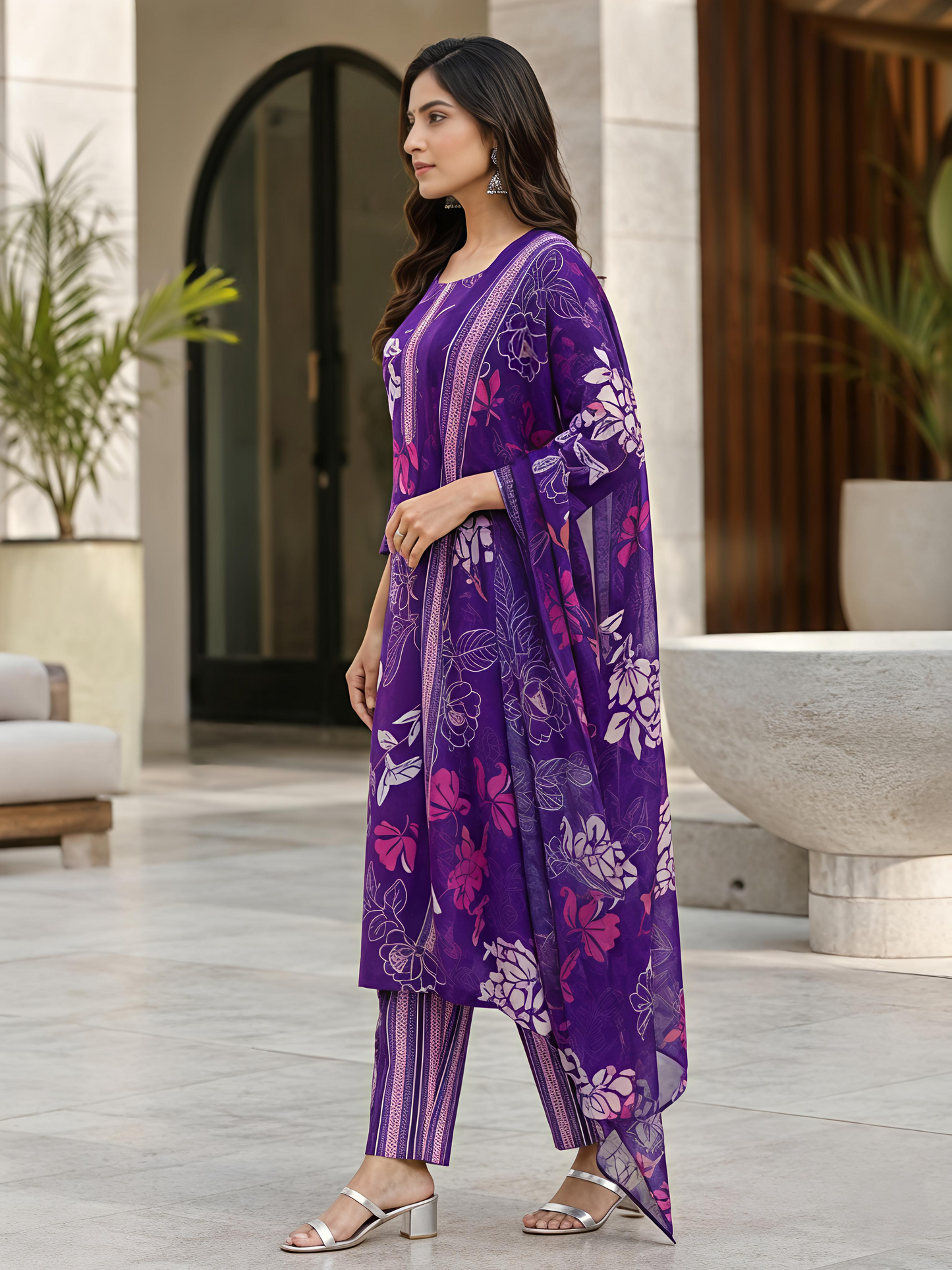 Women Purple Printed Kurta Set Round Neck Festive Style Soft