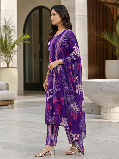 Women Purple Printed Kurta Set Round Neck Festive Style Soft