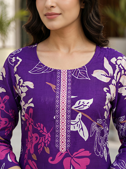 Women Purple Printed Kurta Set Round Neck Festive Style Soft