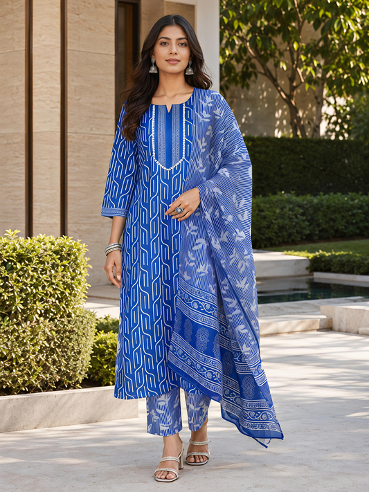 Women Blue Printed Kurta Set Round Neck Three Quarter Sleeve