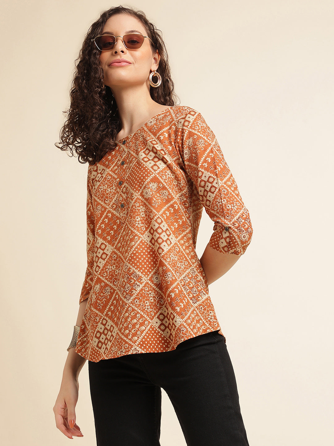 Orange Printed Cotton Blend Top