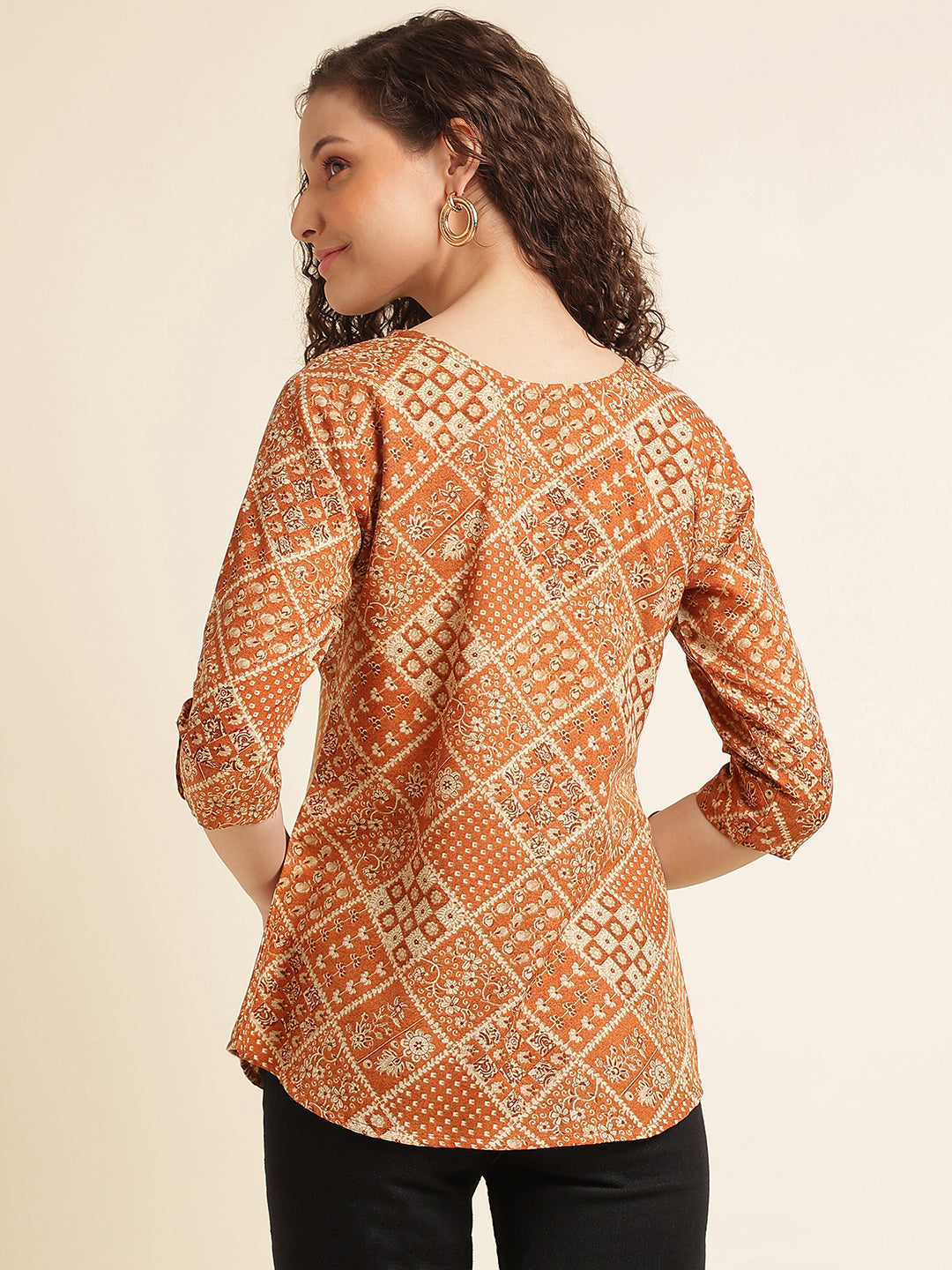 Orange Printed Cotton Blend Top