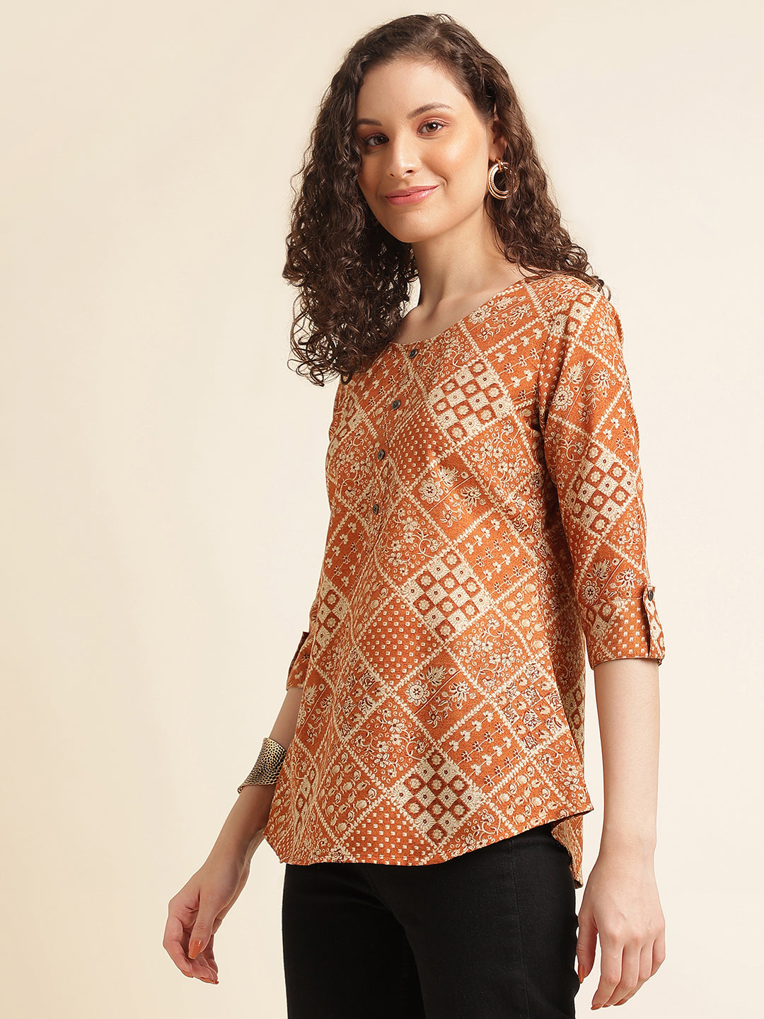 Orange Printed Cotton Blend Top