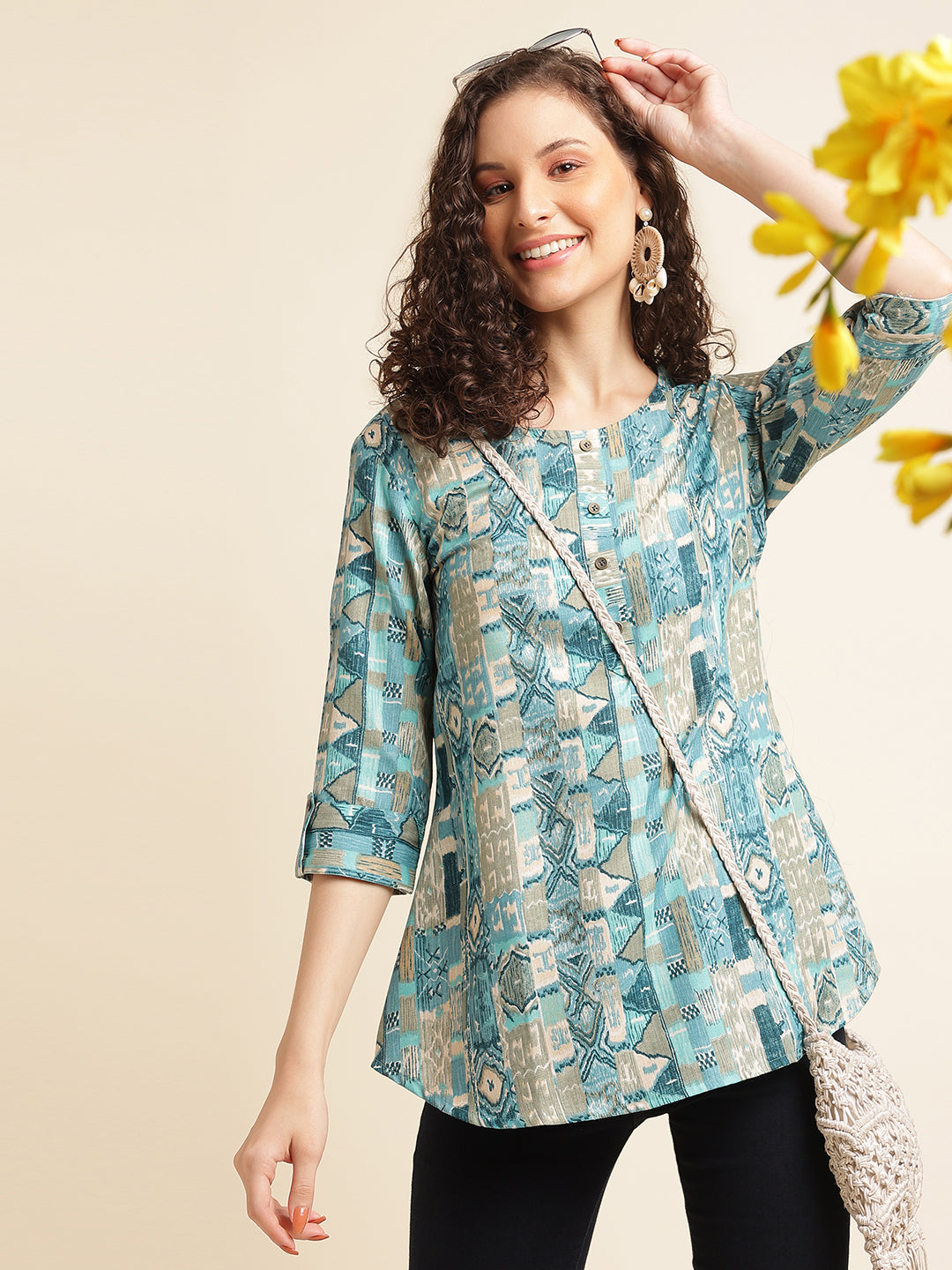 Blue Printed Cotton Blend Top