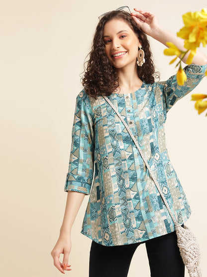 Blue Printed Cotton Blend Top