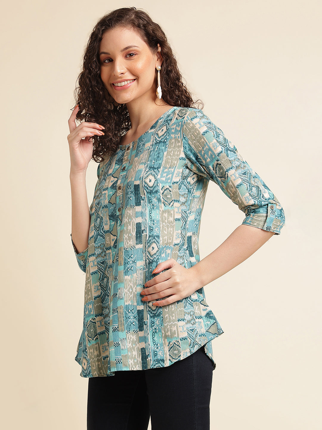 Blue Printed Cotton Blend Top