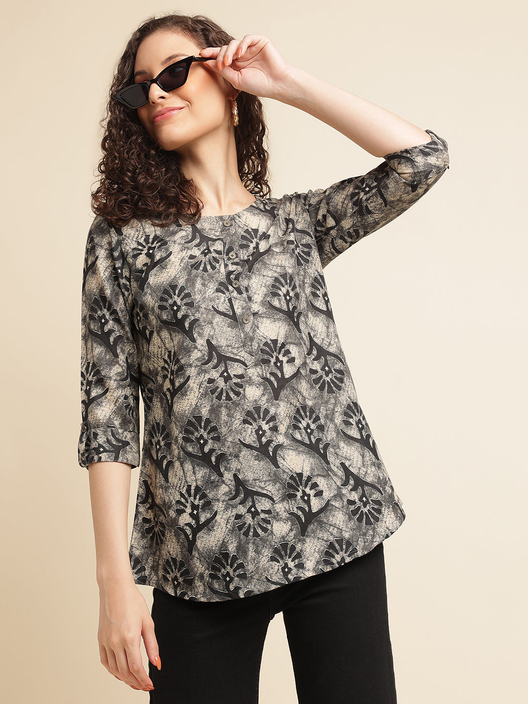 Black Printed Cotton Blend Top