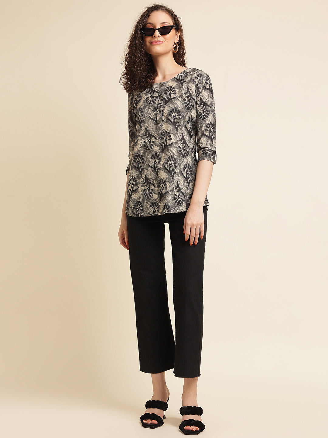 Black Printed Cotton Blend Top