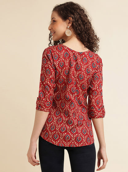 Red Printed Cotton Blend Top