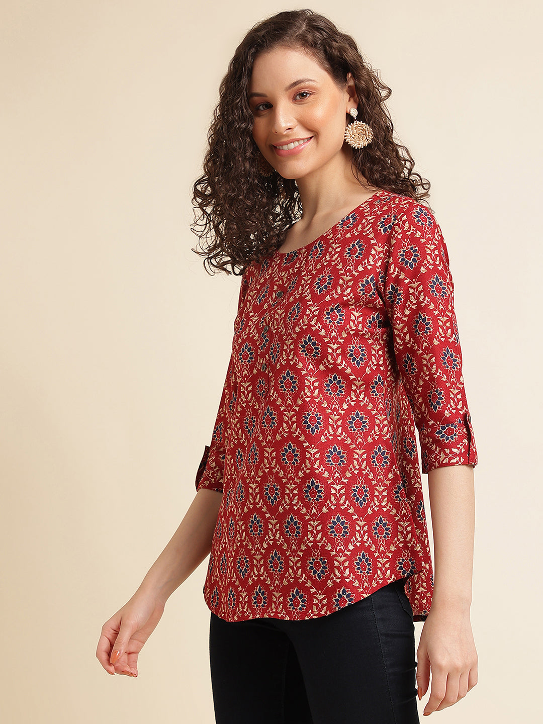 Red Printed Cotton Blend Top