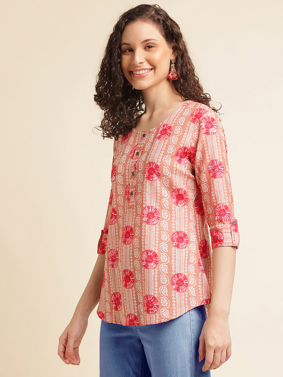 Peach Printed Cotton Blend Top