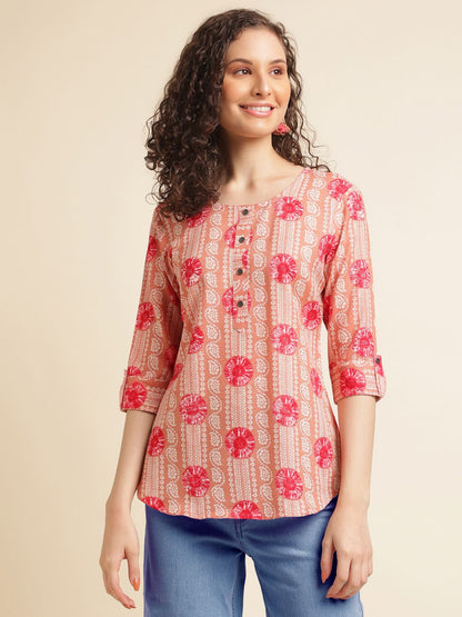 Peach Printed Cotton Blend Top