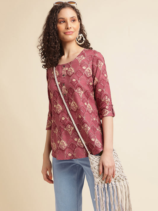 Wine Printed Cotton Blend Top