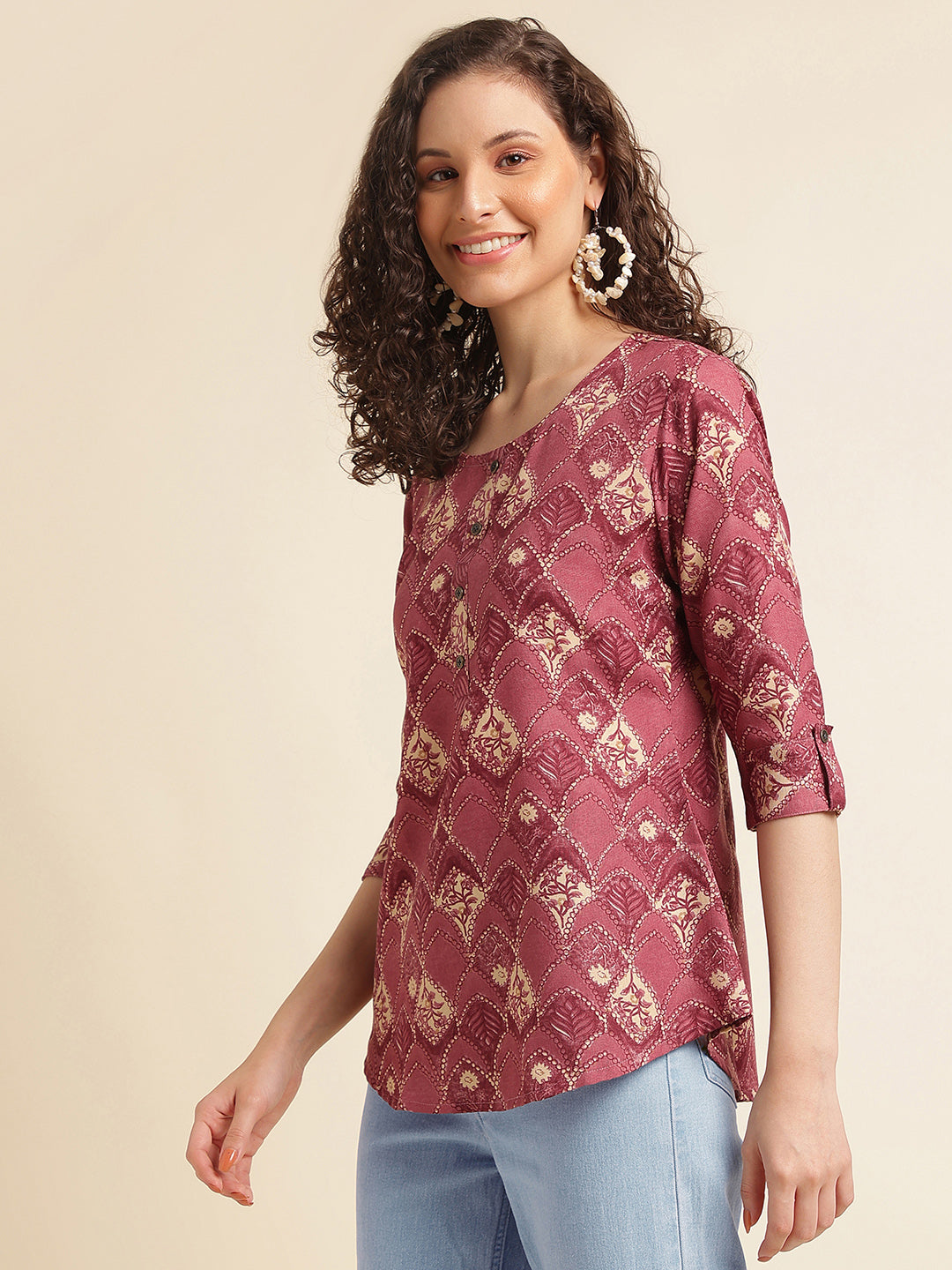 Wine Printed Cotton Blend Top