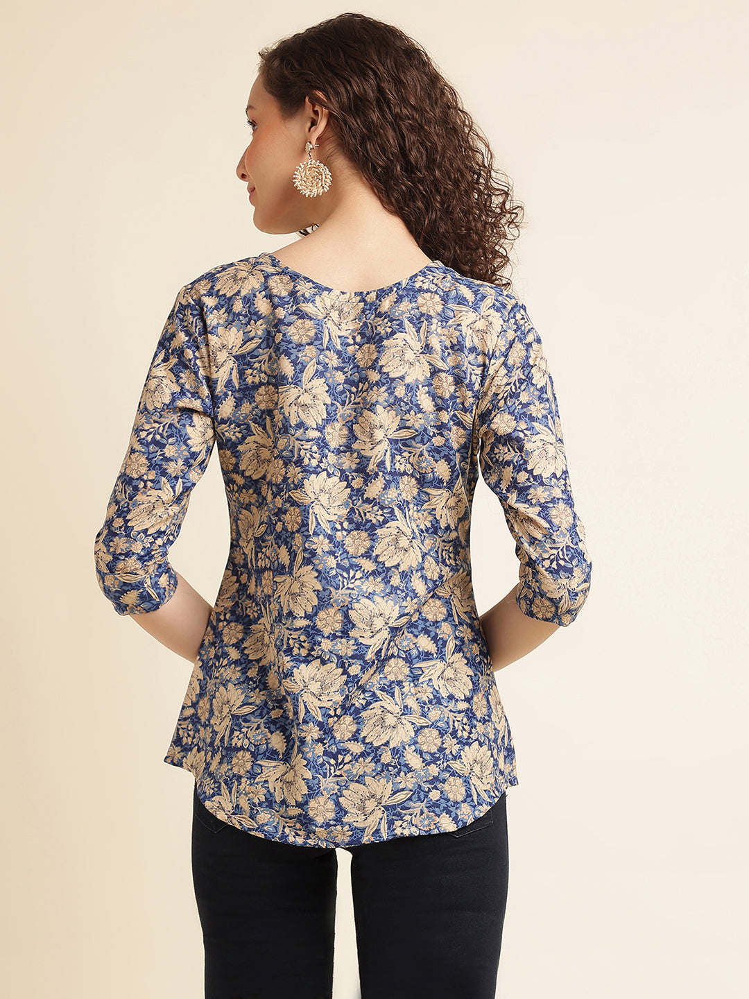 Blue Floral Printed Cotton Blend Top