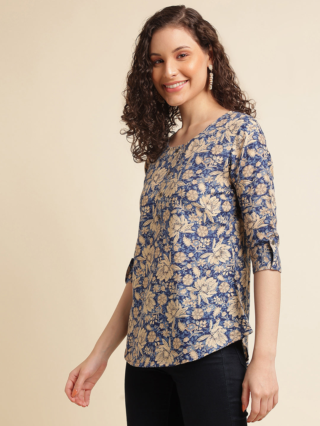 Blue Floral Printed Cotton Blend Top