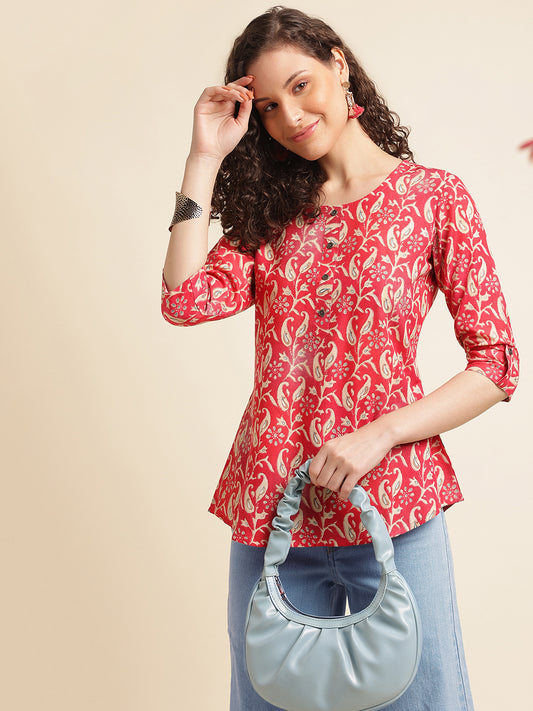 Red Floral Printed Cotton Blend Top