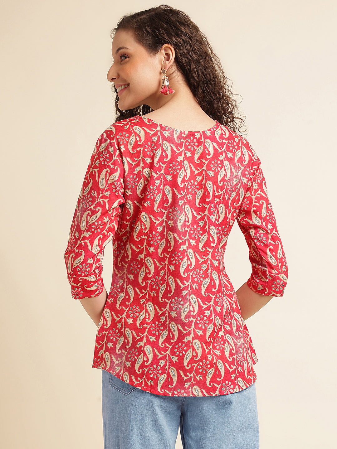 Red Floral Printed Cotton Blend Top