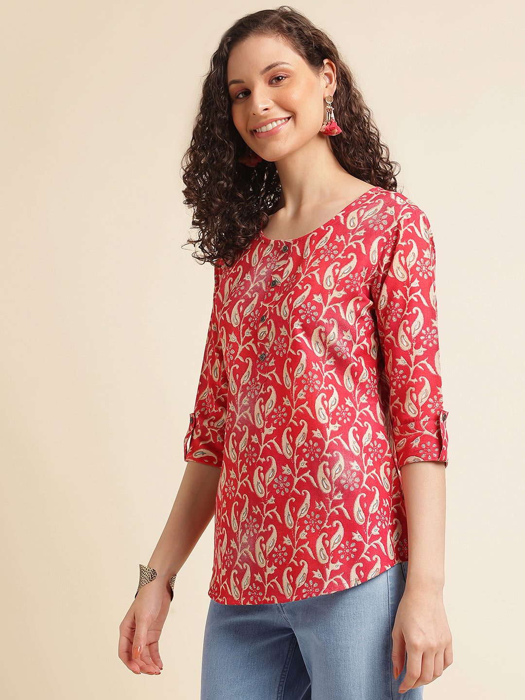 Red Floral Printed Cotton Blend Top