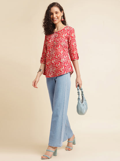 Red Floral Printed Cotton Blend Top