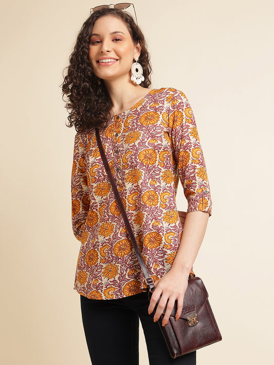 Yellow Floral Printed Cotton Blend Top