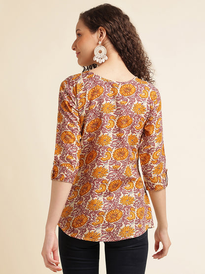 Yellow Floral Printed Cotton Blend Top