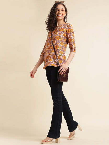 Yellow Floral Printed Cotton Blend Top