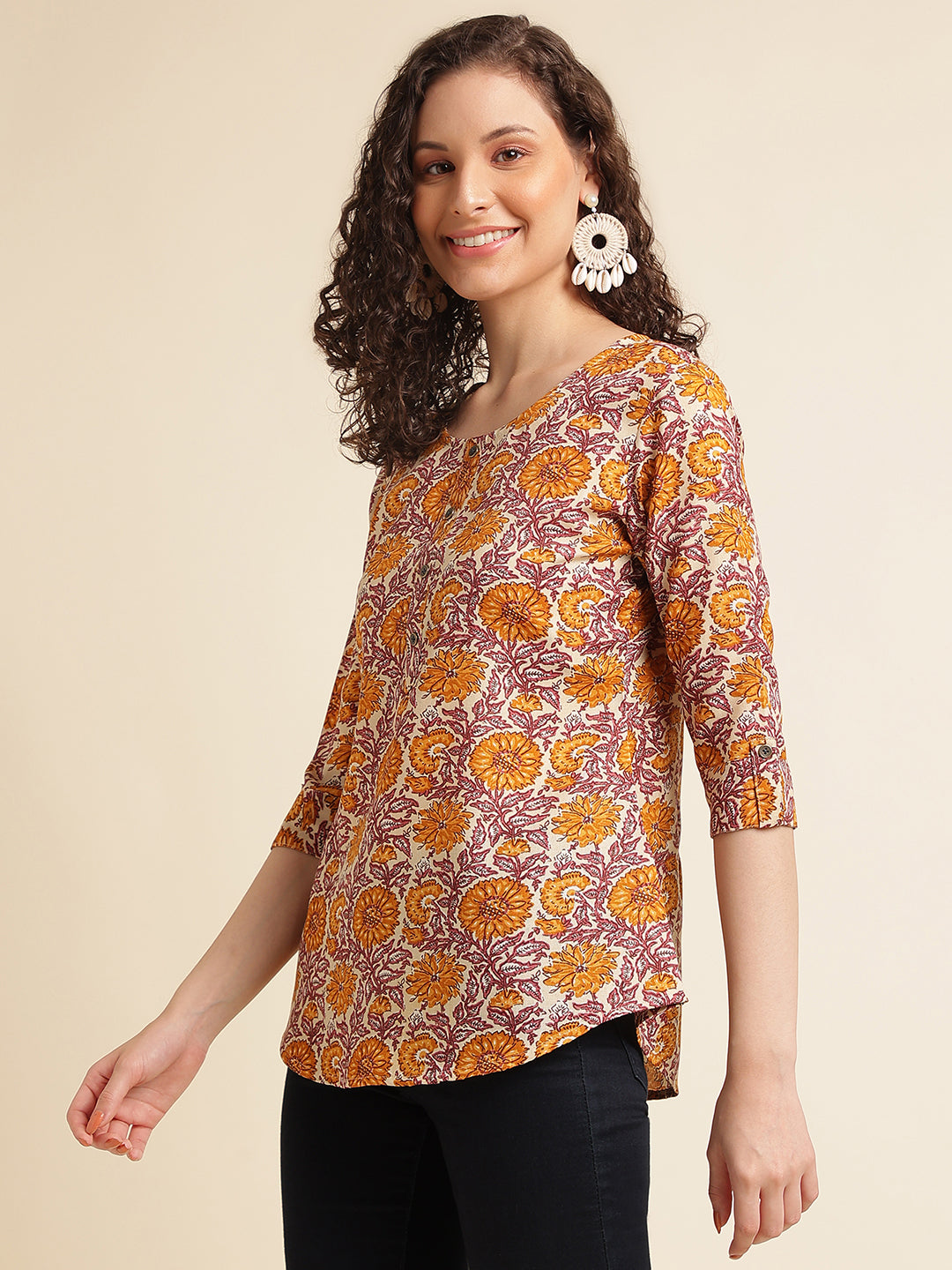 Yellow Floral Printed Cotton Blend Top