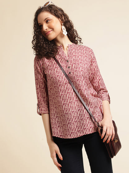 Magenta Red Printed Straight Cotton Blend Top