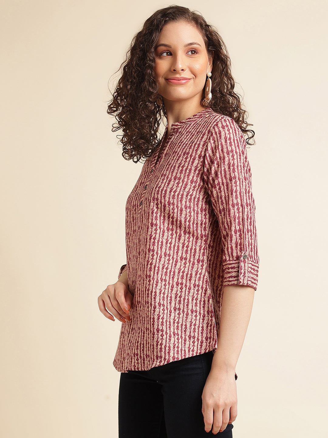 Magenta Red Printed Straight Cotton Blend Top