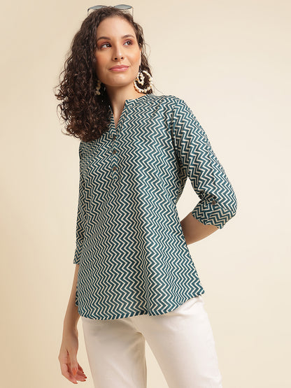 Aqua Printed Straight Cotton Blend Top