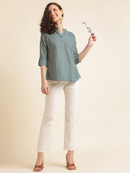 Aqua Printed Straight Cotton Blend Top