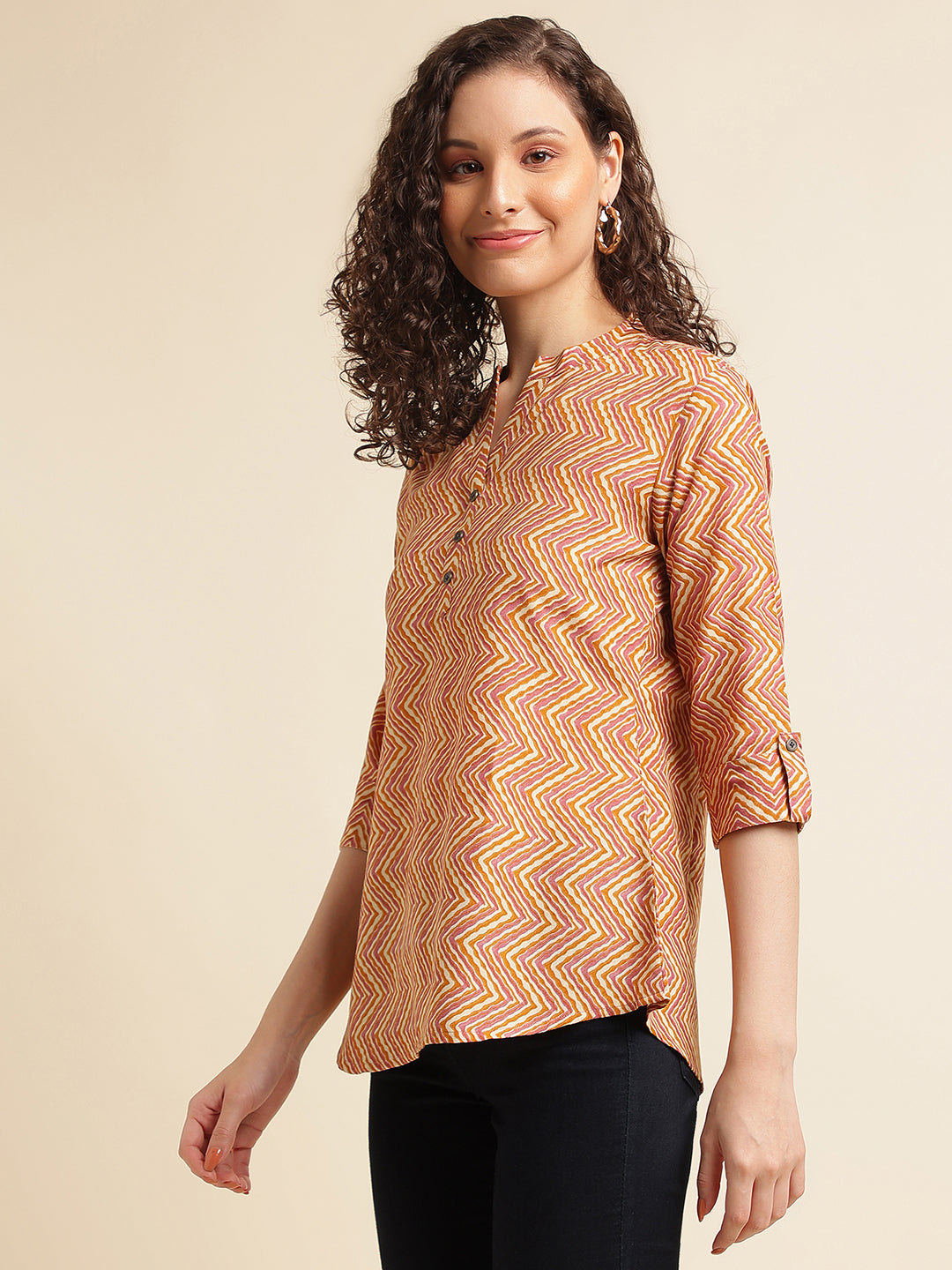 Yellow Printed Straight Cotton Blend Top